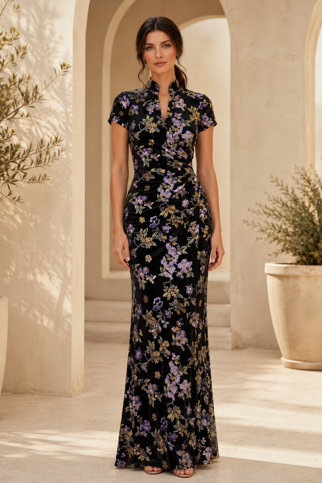 Floral Mandarin Collar Short Sleeve Maxi Dress