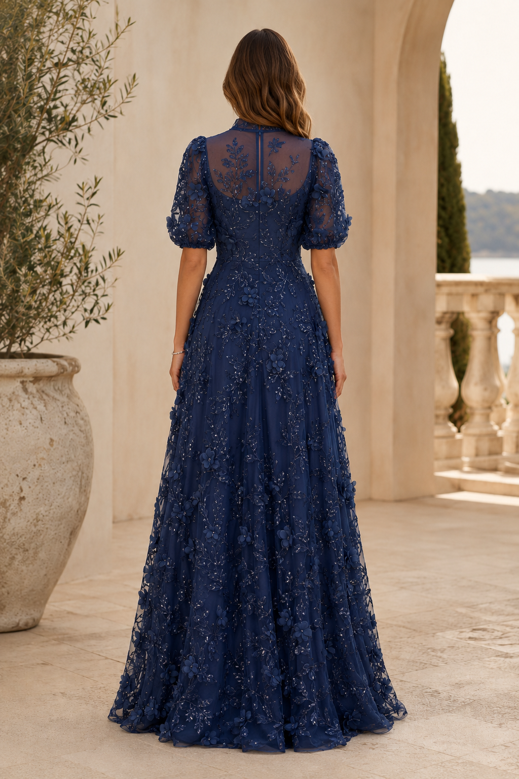 Floral 3D Applique Illusion A-Line Evening Gown