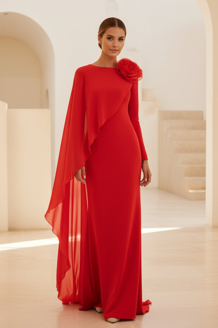 Asymmetric Cape Sheath Gown with 3D Flower