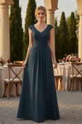 A-Line V-Neck Chiffon Evening Gown with Cap Sleeves