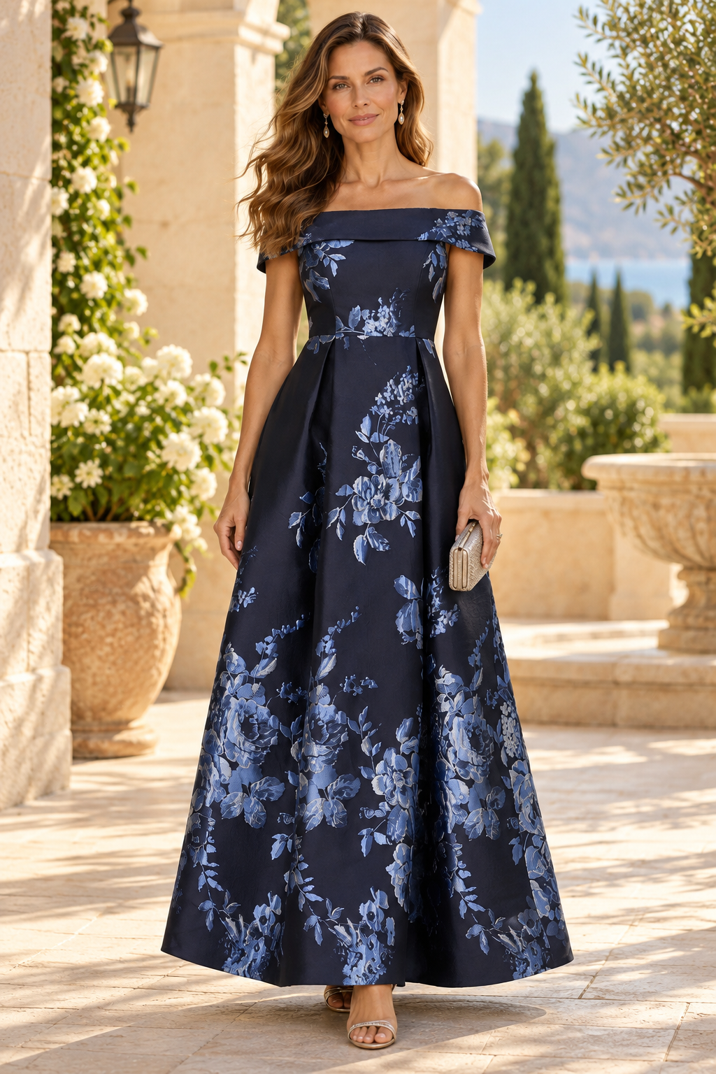 Off-the-Shoulder Floral Jacquard A-Line Gown