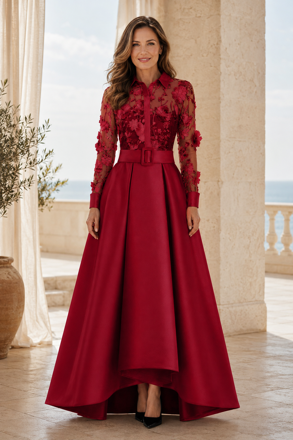 3D Floral Lace Shirt Gown with High-Low Skirt