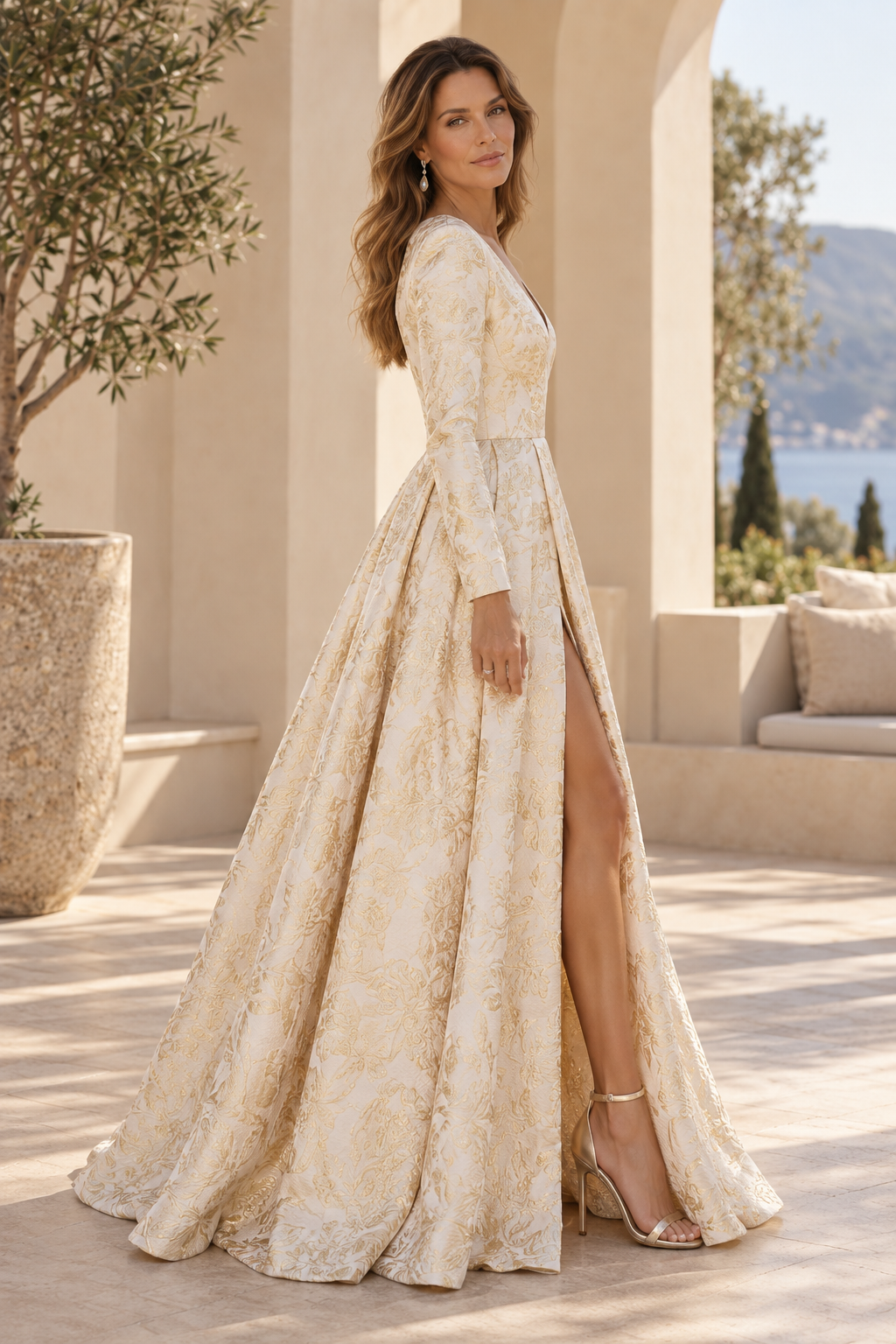 Long Sleeve Jacquard Ball Gown with Slit and Pockets