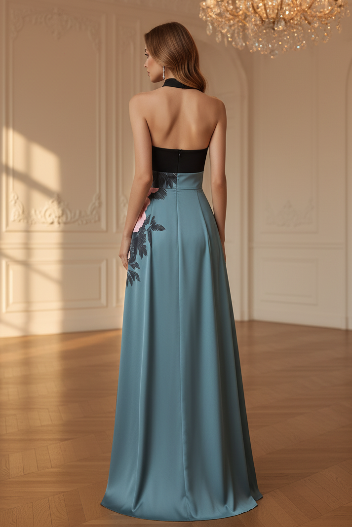 Halter Neck Floral A-Line Evening Dress with Slit