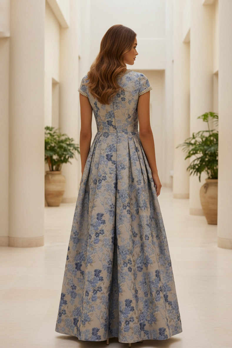 Floral Jacquard Ball Gown with Pearl Trim