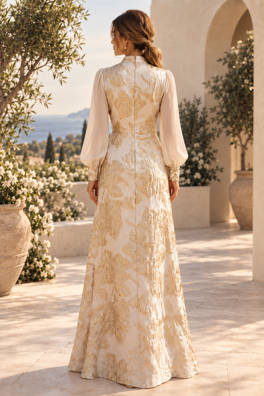 Metallic Jacquard A-Line Gown with Balloon Sleeves