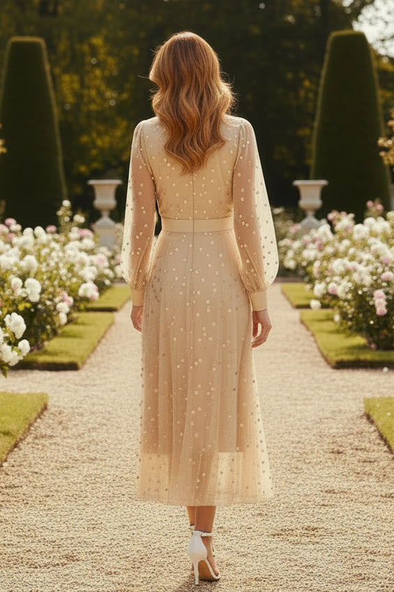 V-Neck Sequin Midi Dress with Long Sleeves