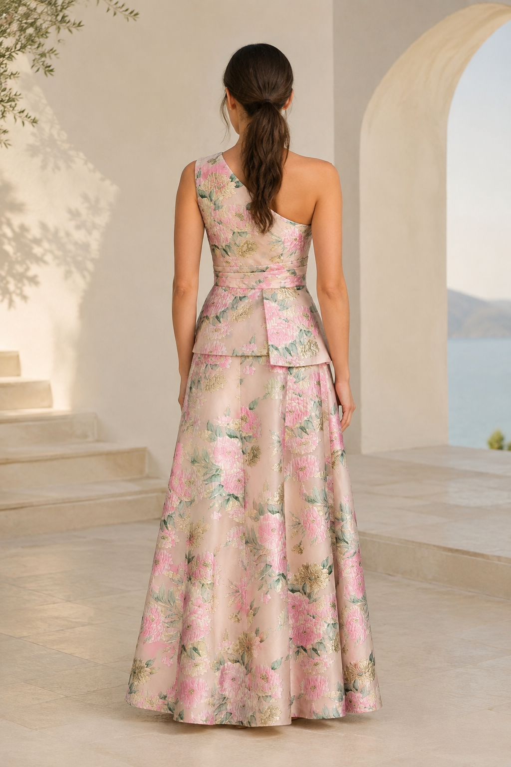 One Shoulder Floral Jacquard Peplum Gown