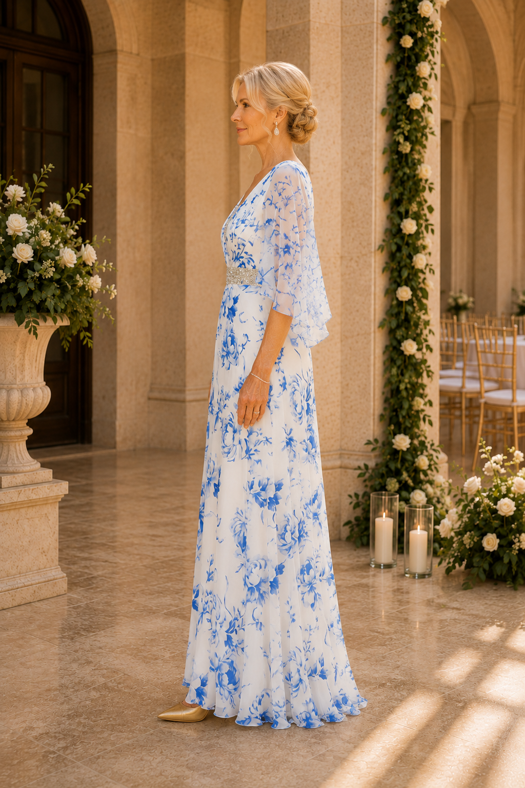 Floral Print A-Line Gown with Flutter Sleeves