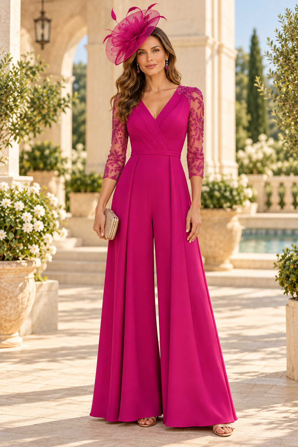 Wide-Leg Formal Jumpsuit with Beaded Sleeves