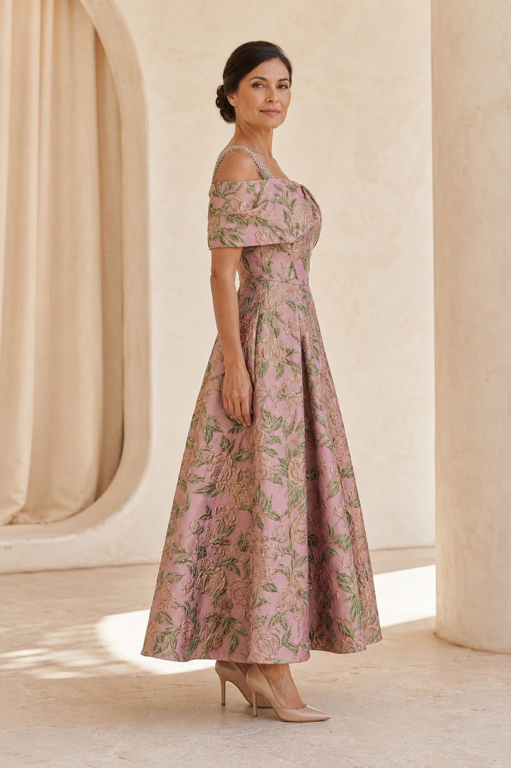 Floral Jacquard Off-the-Shoulder A-Line Evening Gown