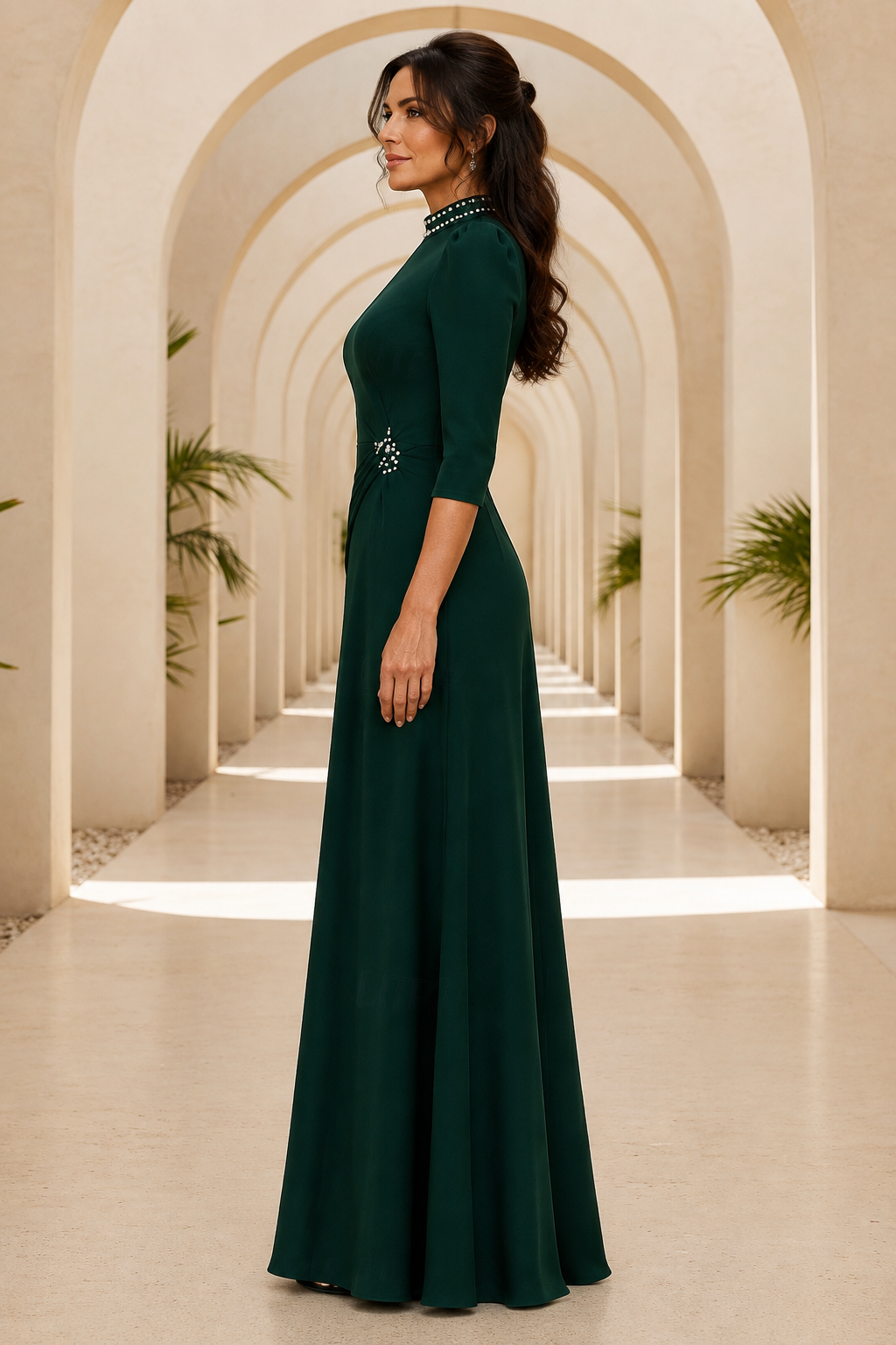 High-Neck Beaded A-Line Gown with 3/4 Sleeves