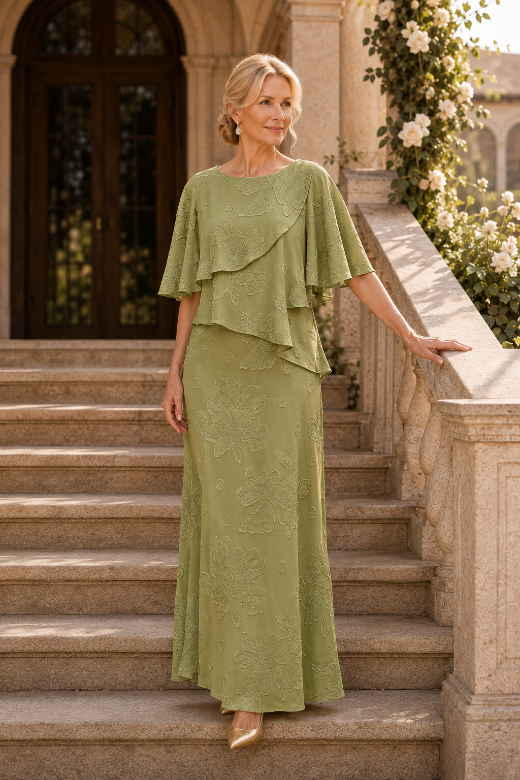 Floral Textured Tiered Capelet Maxi Dress
