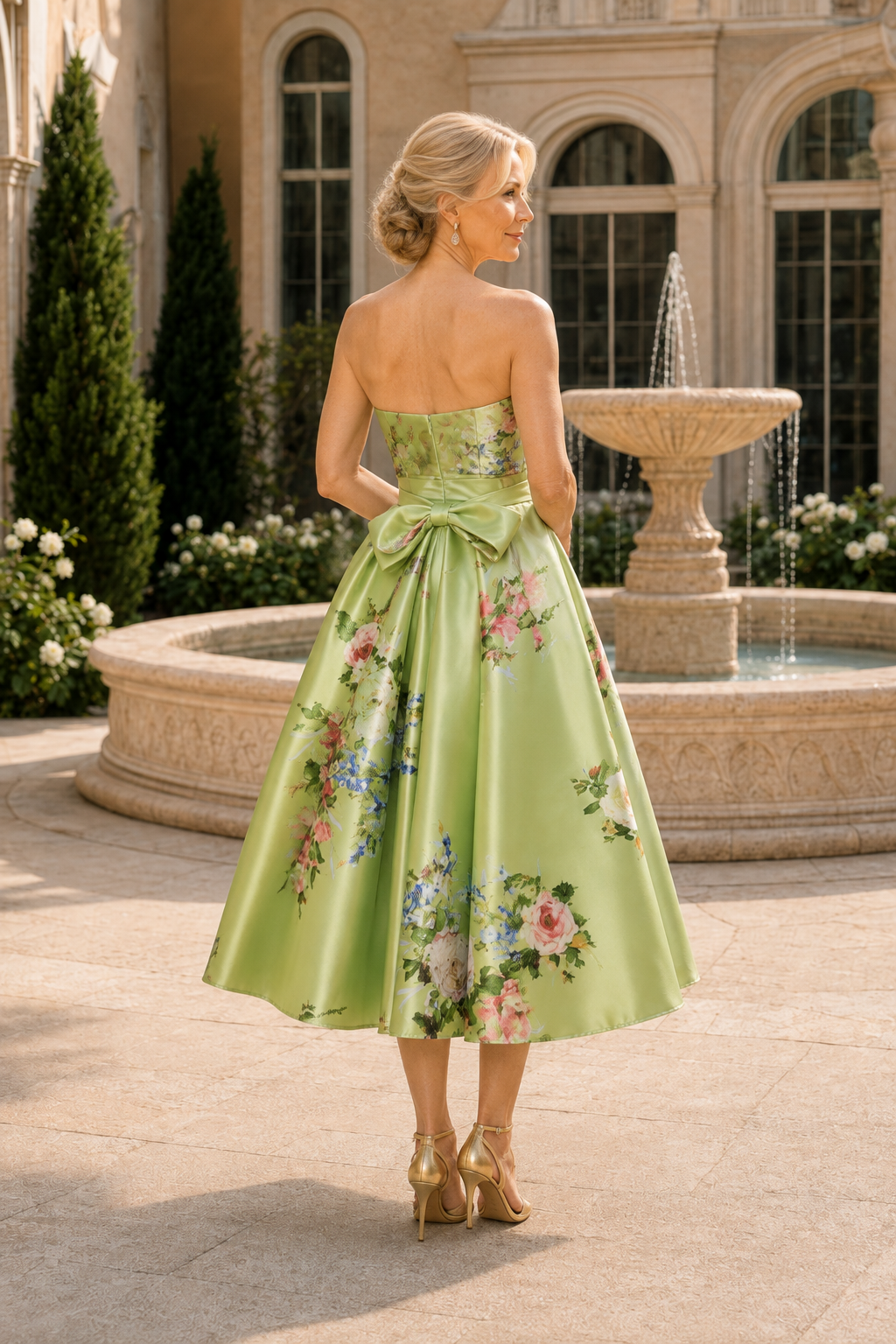 Strapless Floral Satin Tea-Length Dress