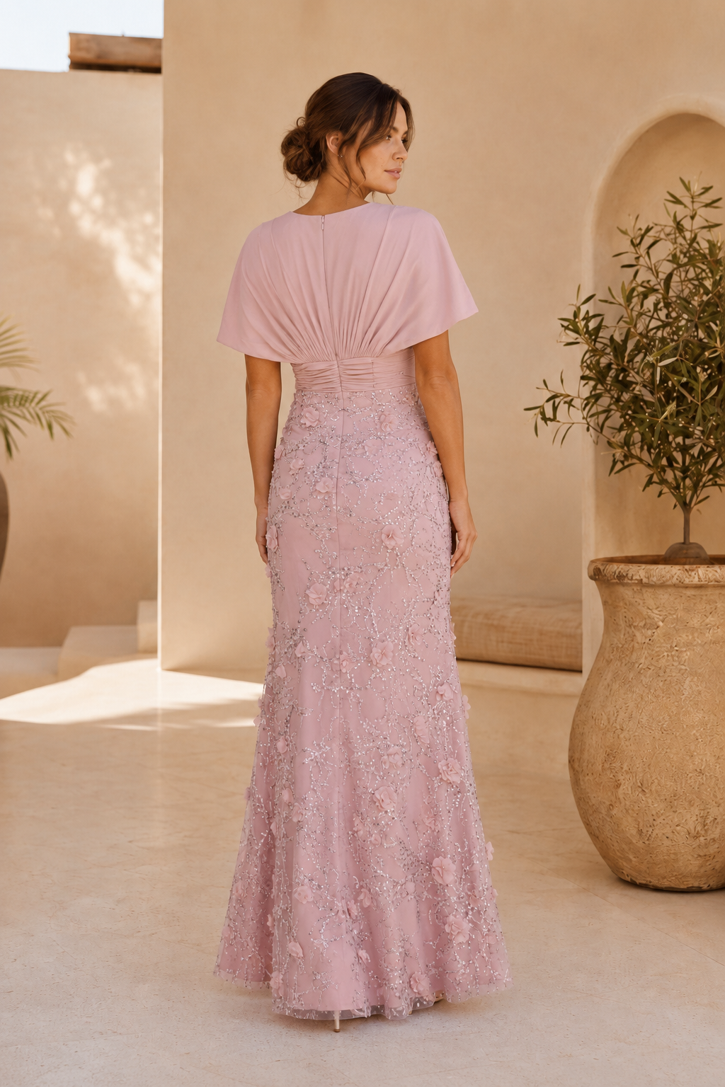3D Floral Sequin Cape-Sleeve Evening Gown