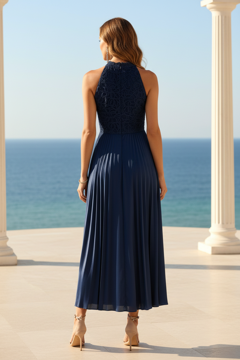 Lace Bodice Satin Midi Halter Dress