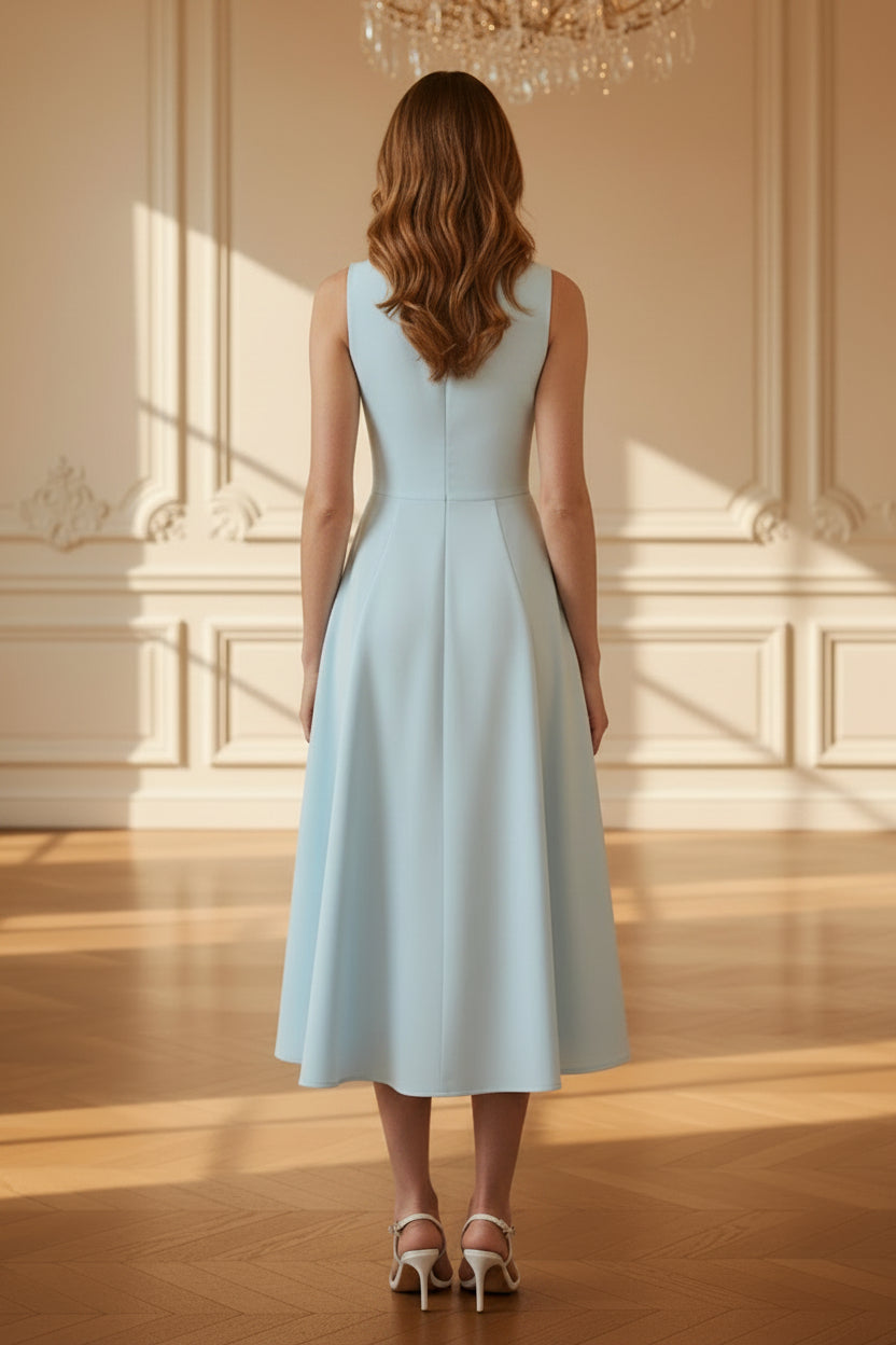Pleated High-Neck A-Line Midi Dress