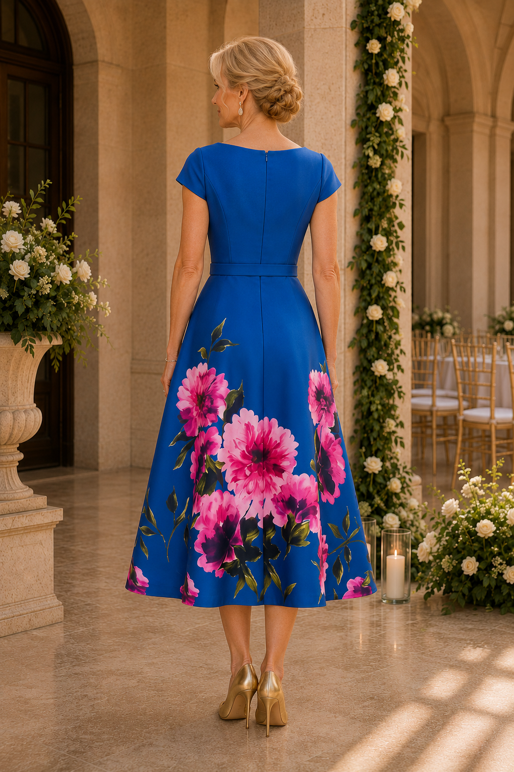 Floral Print Belted Tea-Length A-Line Dress