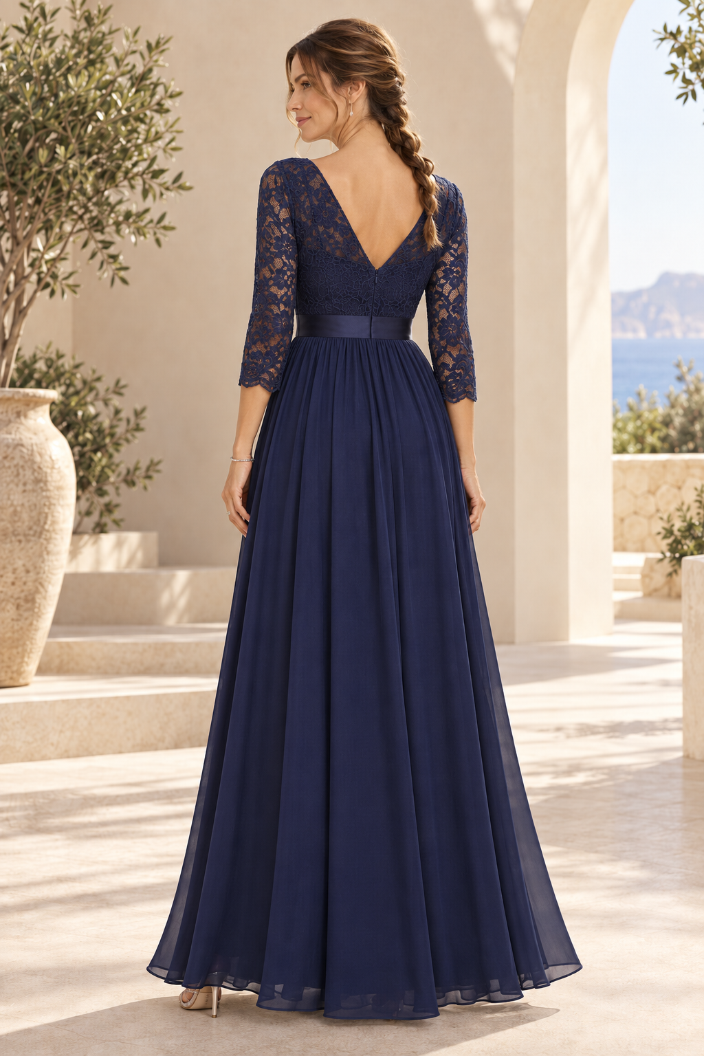 Lace Bodice 3/4 Sleeve A-Line Floor-Length Gown