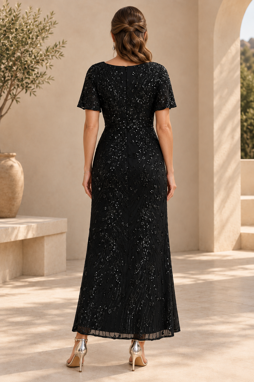 Sequin V-Neck A-Line Gown with Flutter Sleeves