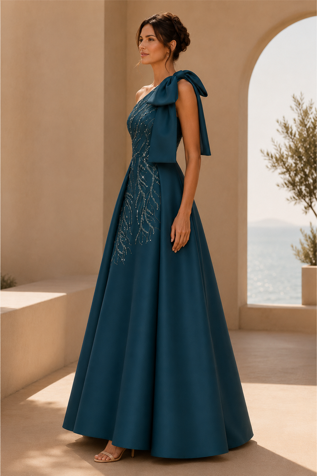 One-Shoulder Bow Embellished A-Line Gown
