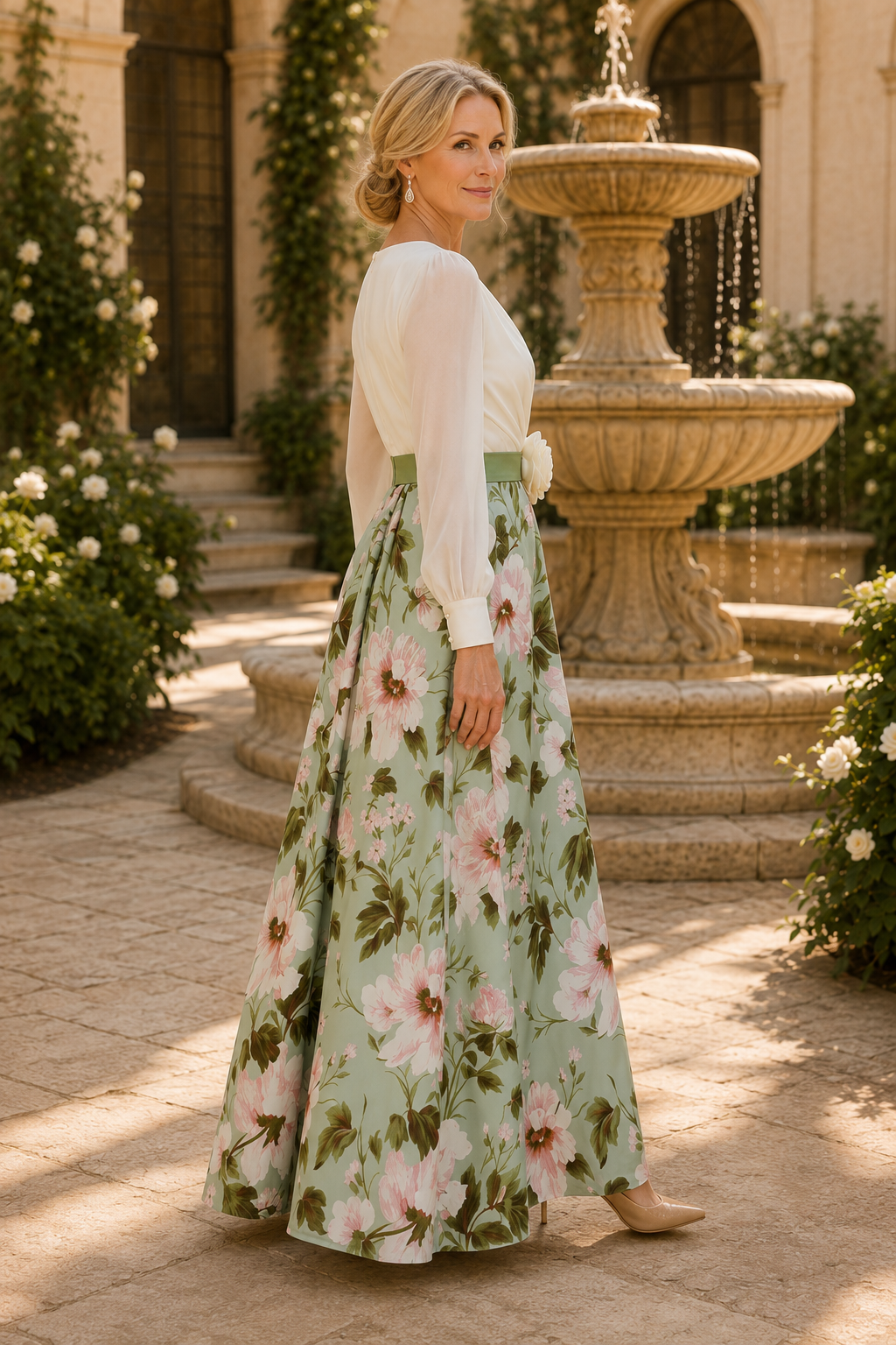 Floral Print A-Line Maxi Dress with Long Sleeves
