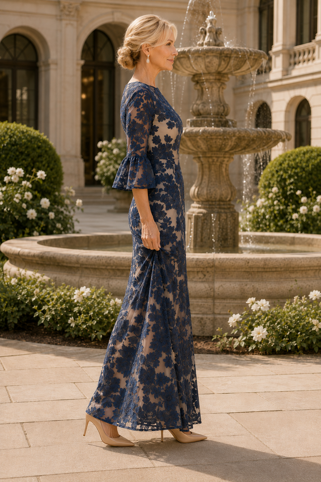 Floral Lace Bell Sleeve Floor-Length Evening Gown