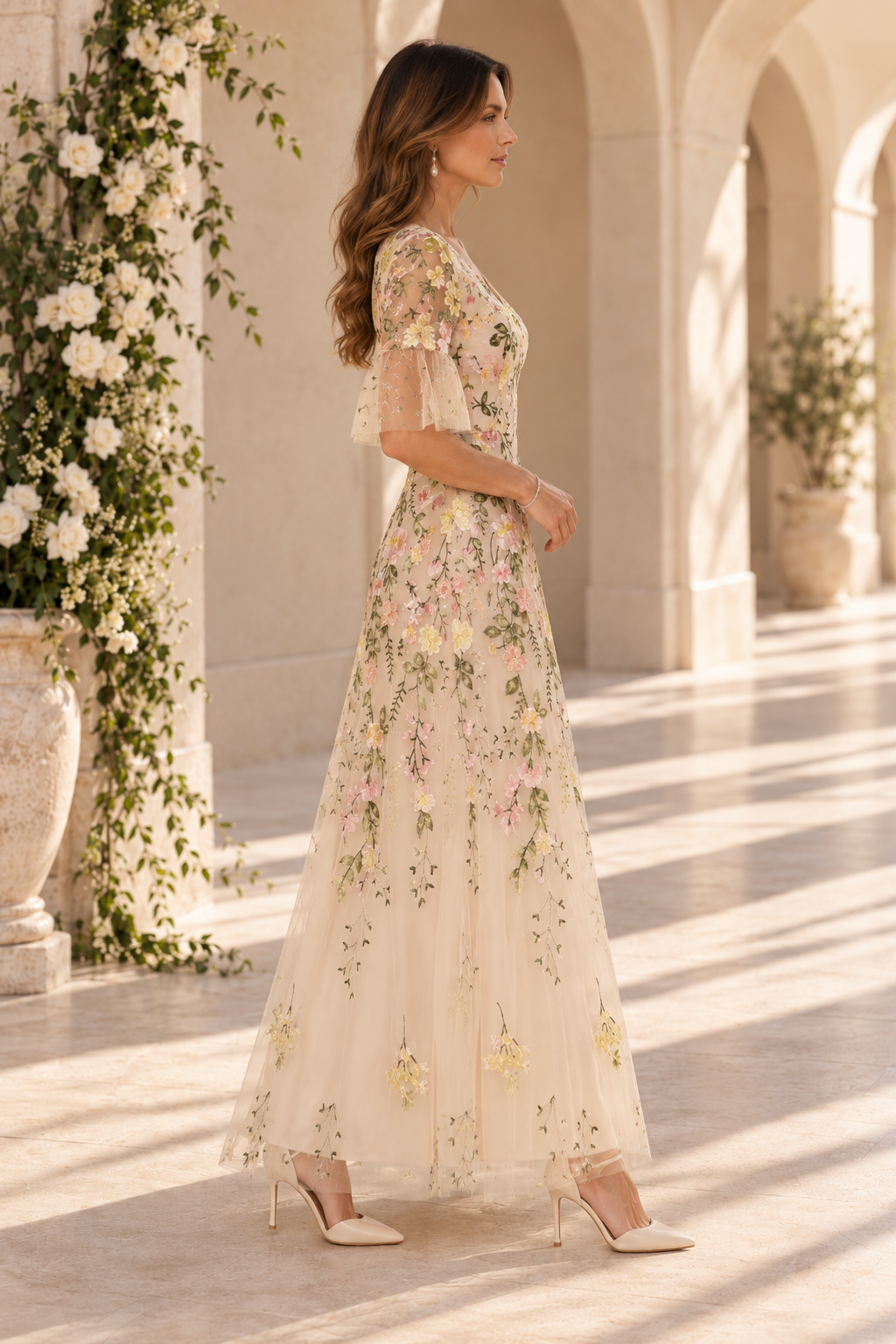 Embroidered Floral Tulle A-Line Maxi Dress