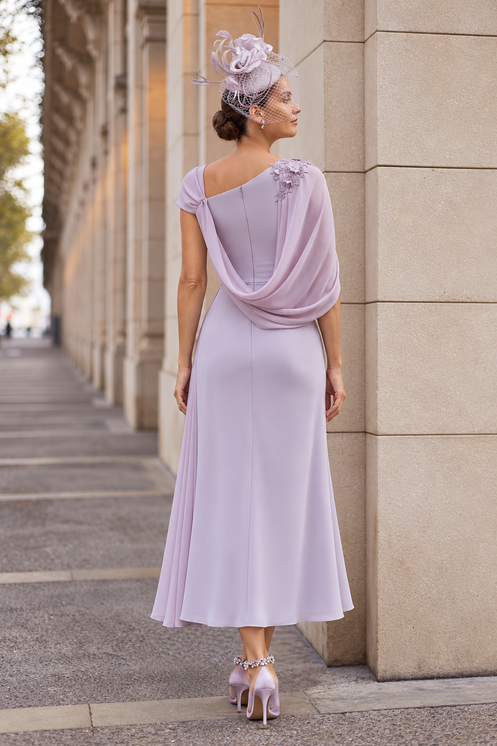 Asymmetrical Midi Dress with Cape Detail and Appliqués
