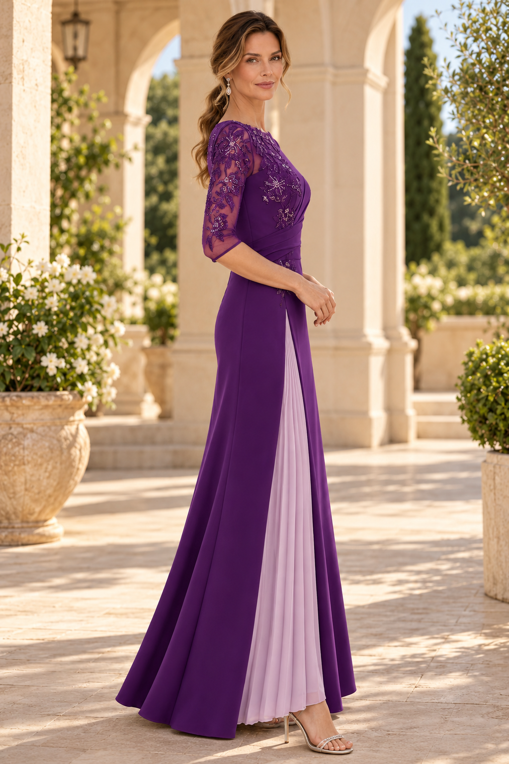 Pleated Inset Gown with Sheer Floral Sleeve