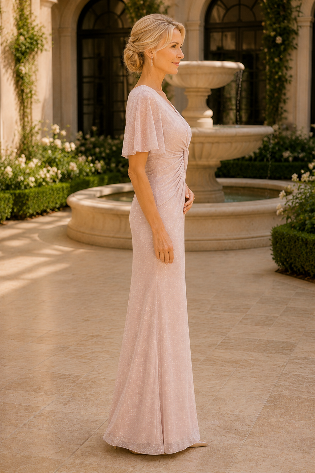 Glitter Flutter Sleeve Ruched Twist Front Gown