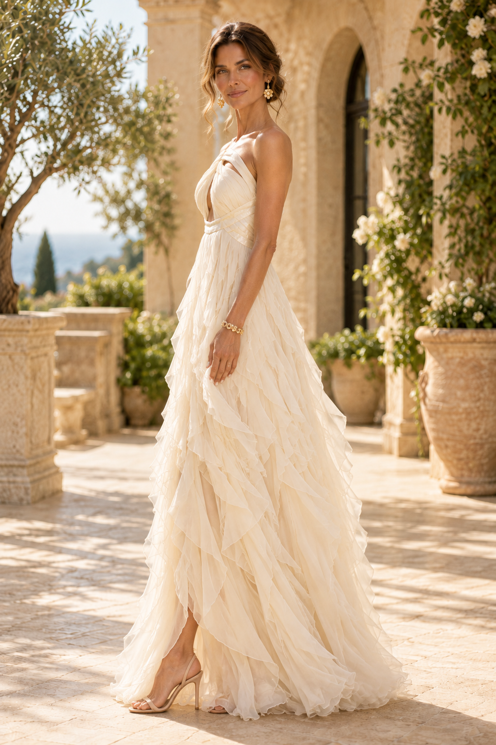Strapless Tiered Ruffle Cutout Maxi Gown