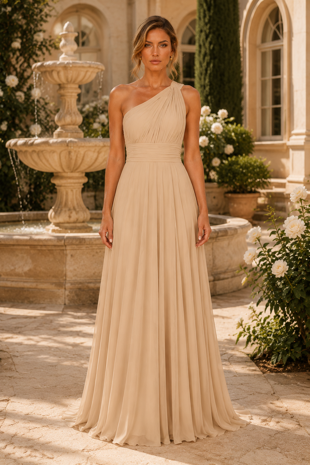 One-Shoulder Pleated Chiffon Maxi Dress