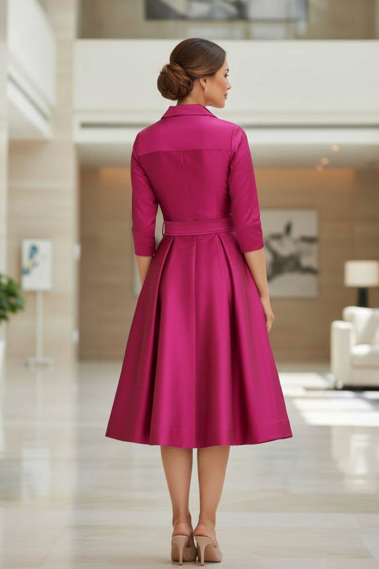 Satin Shirt Dress with Bow Belt & Full Skirt