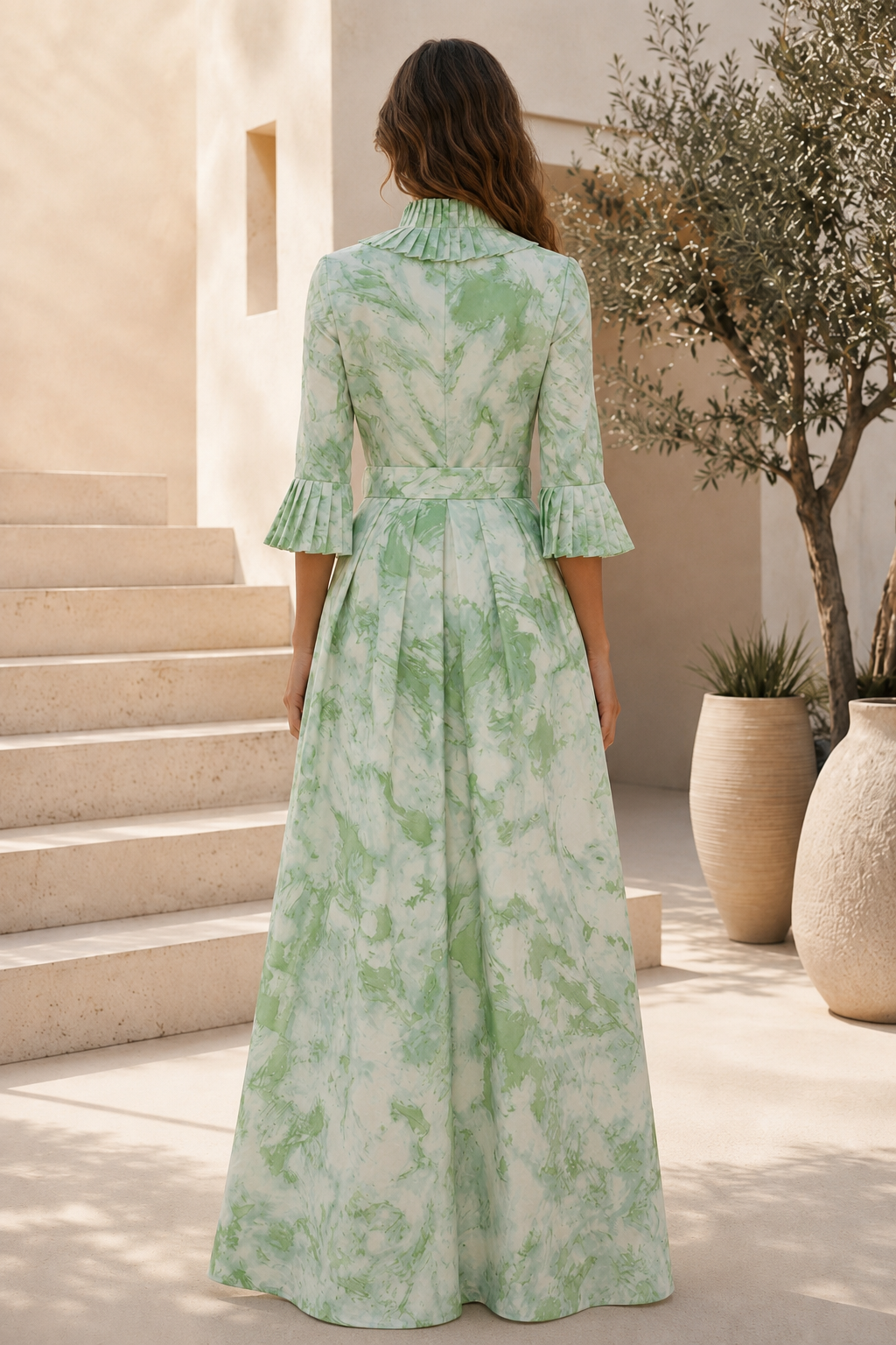 Pleated Ruffle A-Line Maxi Dress with Pockets