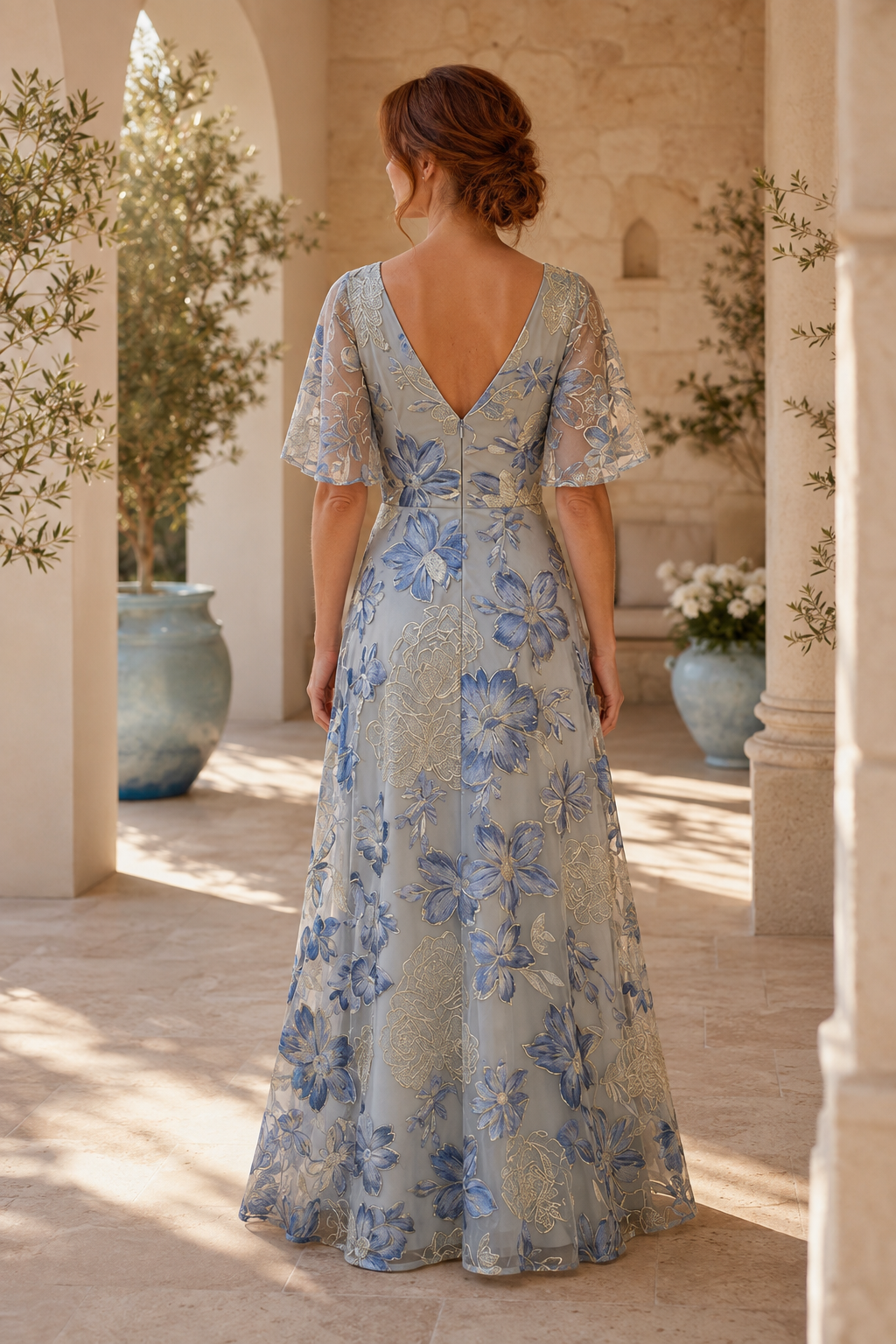 Floral Embroidered V-Neck A-Line Gown with Flutter Sleeves