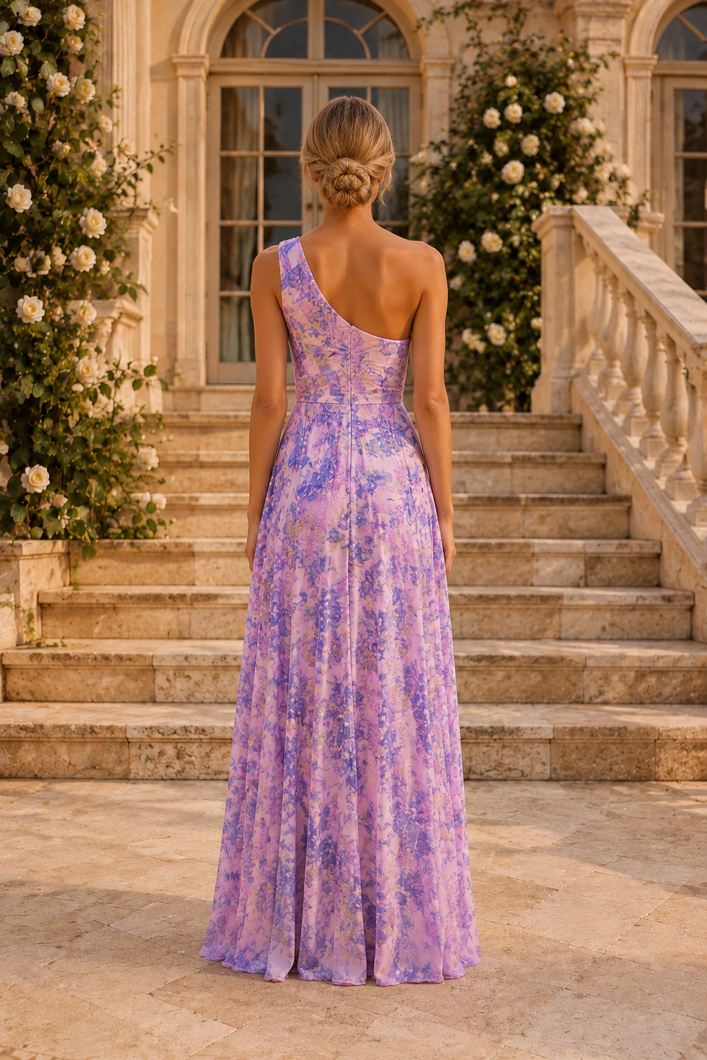 Ärmelloses, geblümtes High-Low Maxikleid