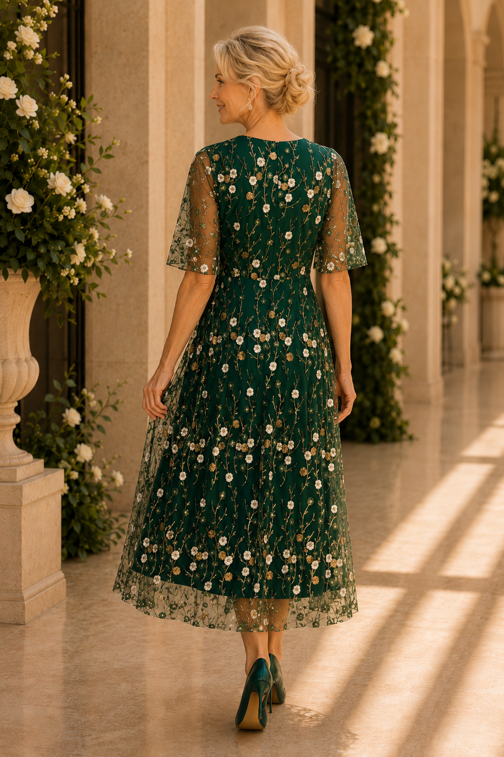 Floral Embroidered Flutter Sleeve Midi Dress