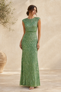 Beaded Sequin Cap Sleeve Fitted Evening Gown