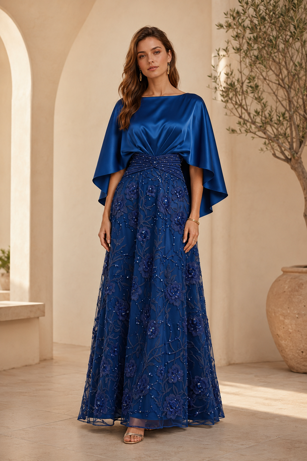 Satin Cape Bodice Floral Embroidered Evening Gown