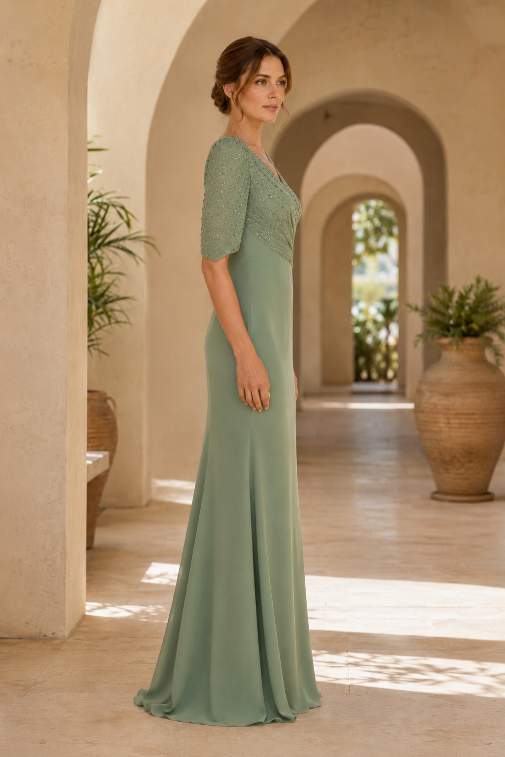 Beaded Asymmetrical Bodice Floor-Length Evening Gown