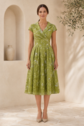 Floral Sequin Lace Wrap Midi Dress with Collared V-Neck