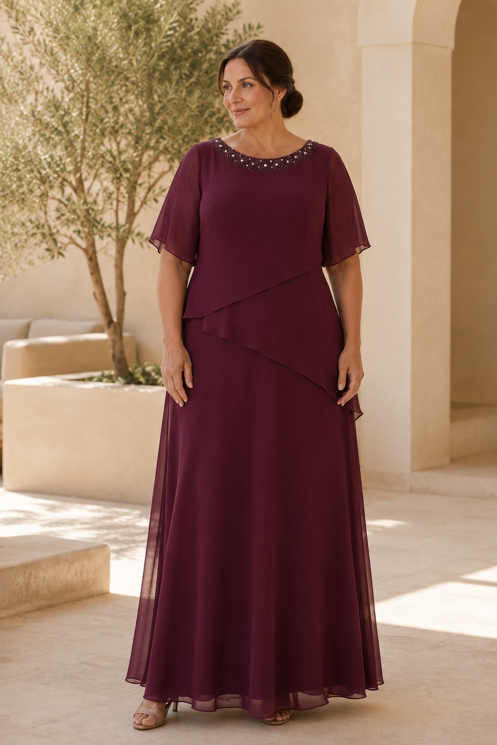 Asymmetrical Chiffon Gown with Beaded Neckline