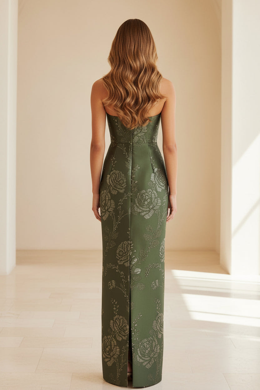 Strapless Floral Jacquard Column Gown