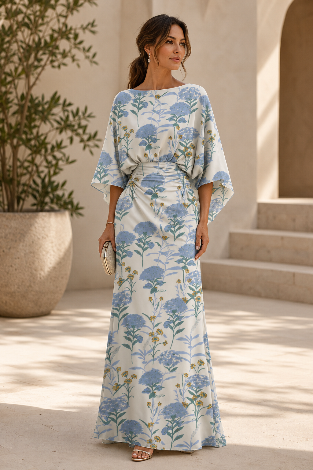 Floral Print Bateau Neck Maxi Dress with Bell Sleeves