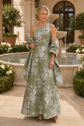 One-Shoulder Floral Jacquard Gown with Shawl