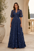 Floral 3D Applique Illusion A-Line Evening Gown