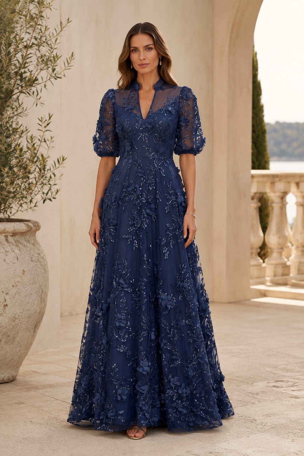 Floral 3D Applique Illusion A-Line Evening Gown