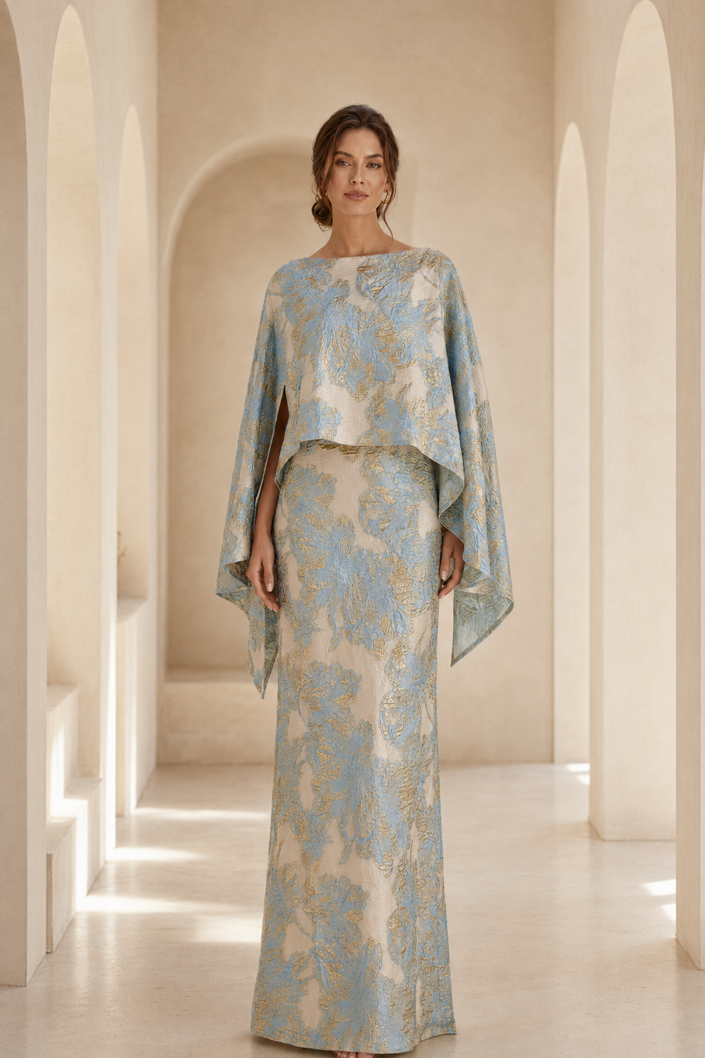 Jacquard Cape Maxi Evening Dress