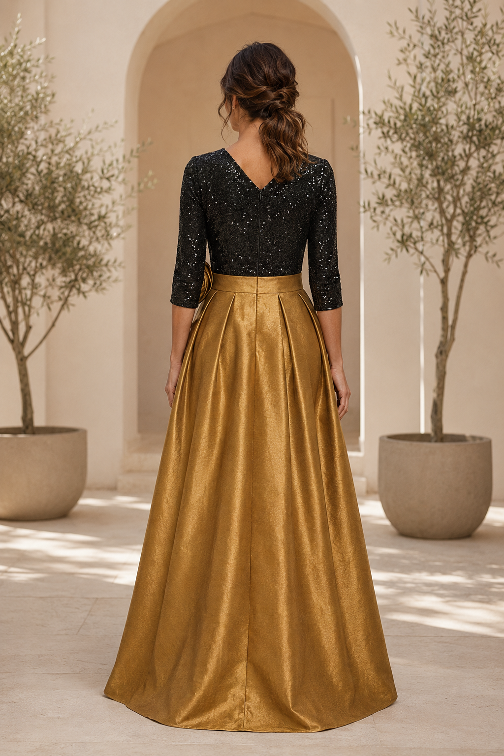 Sequin 3/4 Sleeve A-Line Gown with Rosette